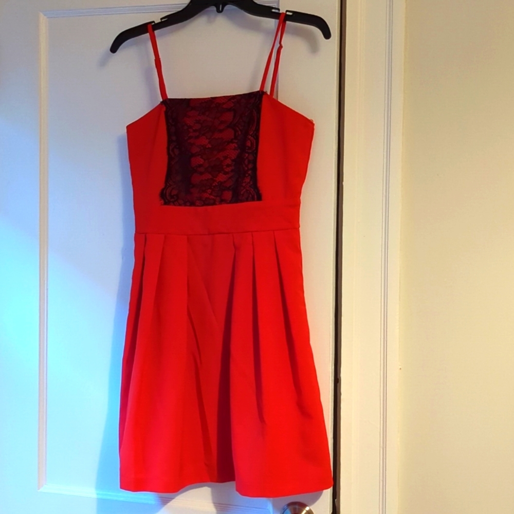 Red Cocktail Dress with Black lace Detail